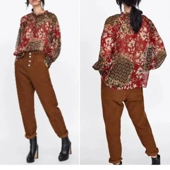 Zara Floral Sheer Long Sleeve Flowy Boho Blouse Smocked Ruffle Neck XL Red Green - Picture 1 of 15